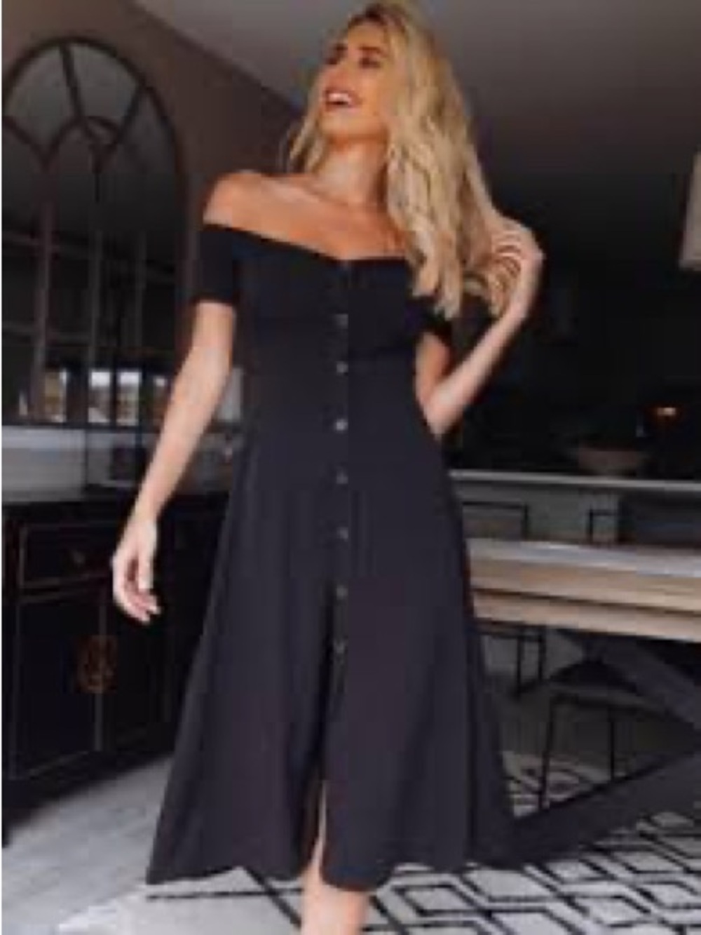 Black Off-Shoulder Button-Front Midi Dress